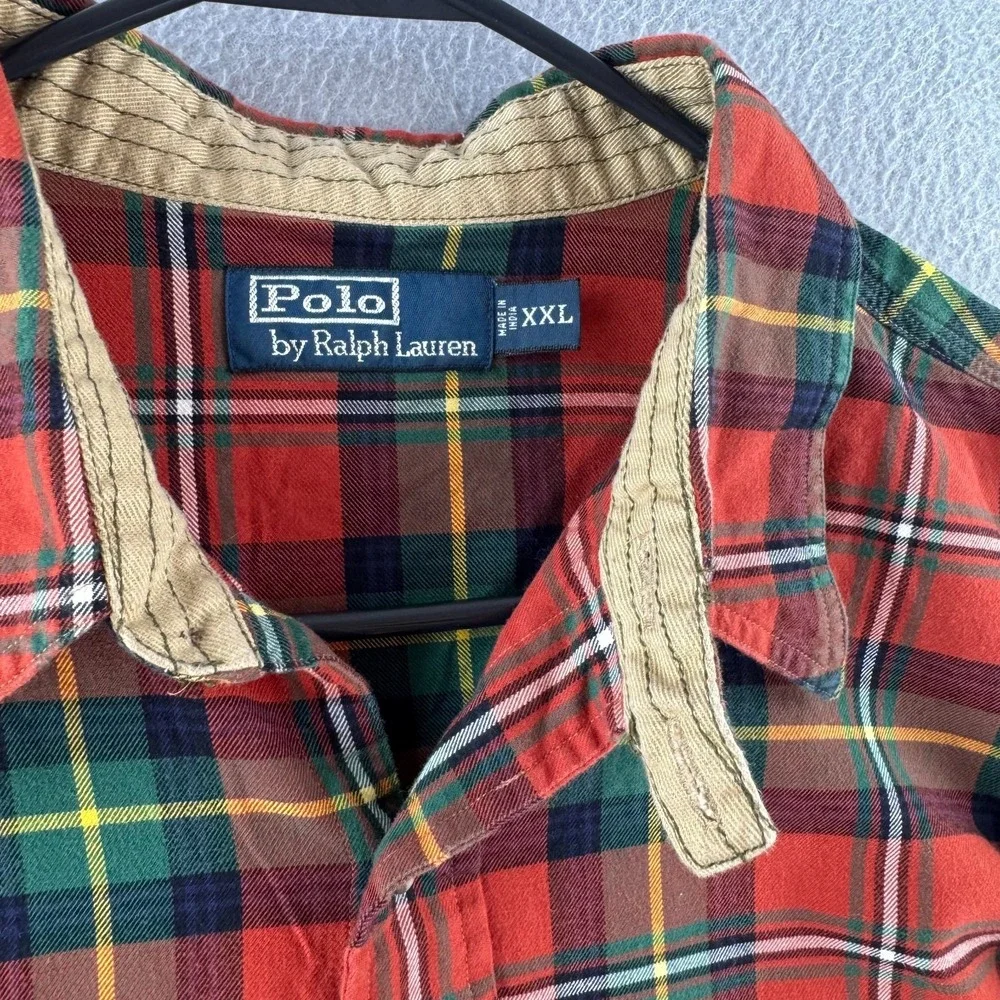 Polo Ralph Lauren Shirt Mens 2XL Red Plaid Cotton Shooting Hunting Chin Strap